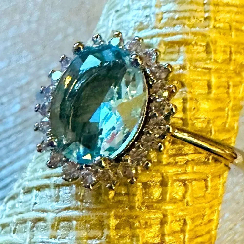 NATURAL AQUAMARINE 925 HALO RING LIGHT BLUE ROUND ART DECO STATEMENT RING
